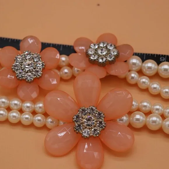 VCLM Faux Pearl Floral Rhinestones Fashion Necklace Double Strand 31" - Picture 5 of 7